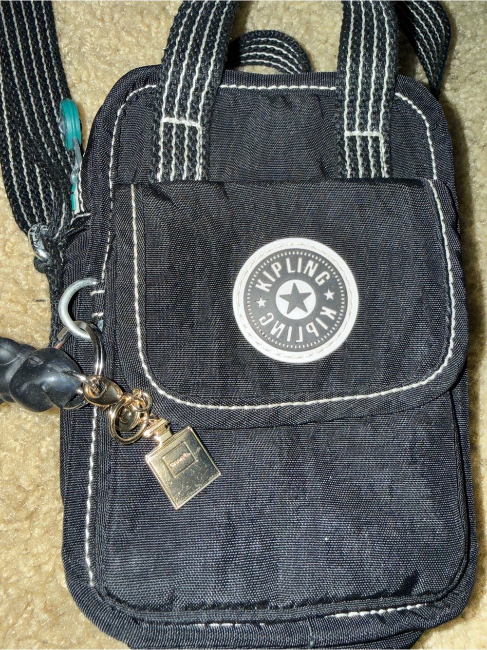 Kipling Black Mini Crossbody with White Stitching